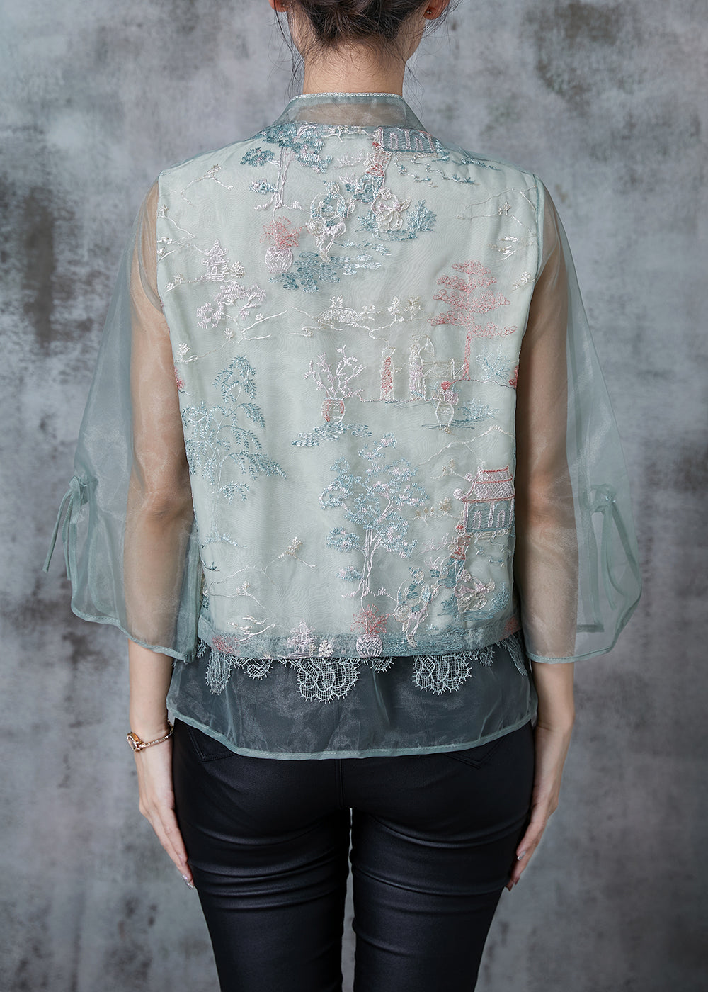 Green Mandarin Collar Embroidered Tulle Shirt Tops Summer