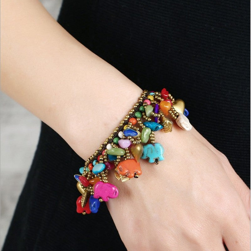 Red Copper Hand Woven Turquoise Elephant Balls Charm Bracelet