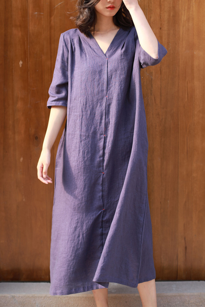 Summer Retro Linen Long Dress Loose 3/4 Sleeve Dress