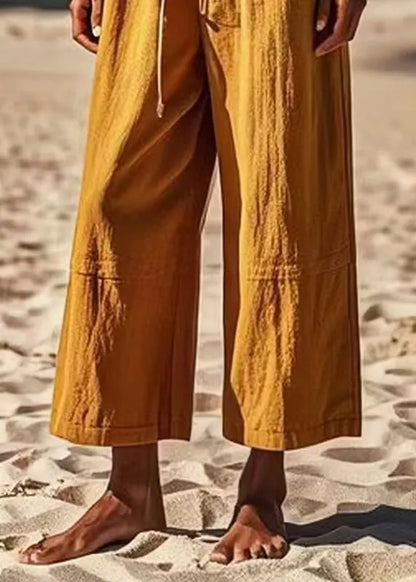 Simple Khaki Pockets Patchwork Tie Waist Wide Leg Pants