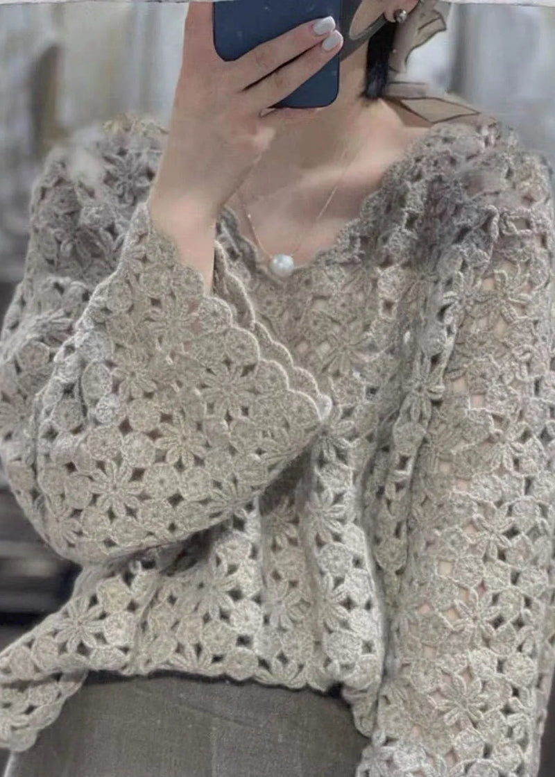 Grey V Neck Hollow Out Knit Tops Fall