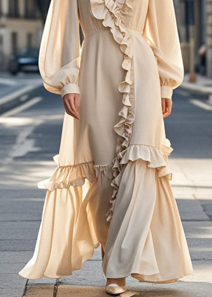 Unique Nude Asymmetrical Design Ruffled Chiffon Dress Fall
