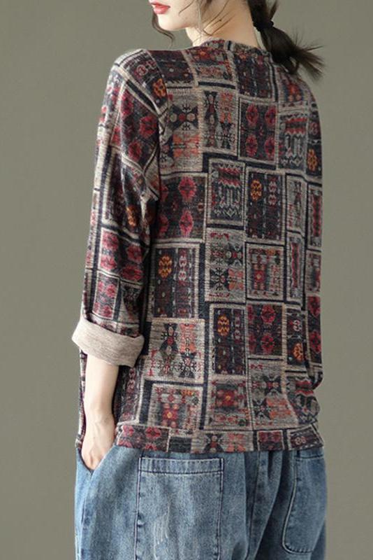 Retro Drawstring Print Cotton Blouse