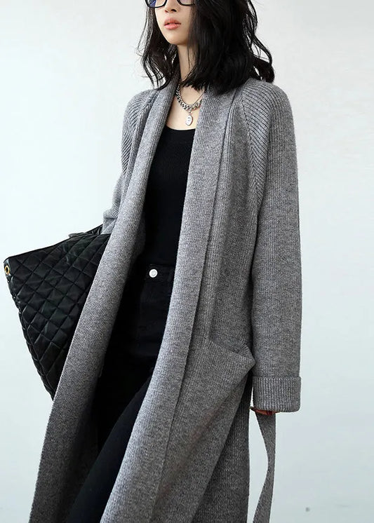 Grey Pockets Tie Waist Knit Loose Cardigans Fall Winter