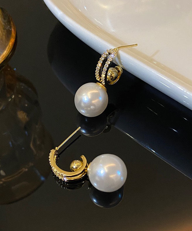 White Alloy Zircon Pearl Drop Earrings