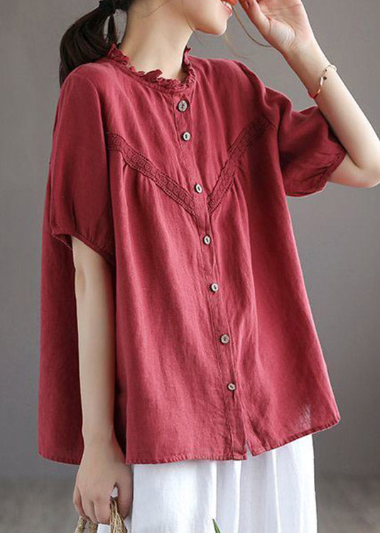 Art Red O-neck Embroidered Button Linen Shirt Lantern Sleeve