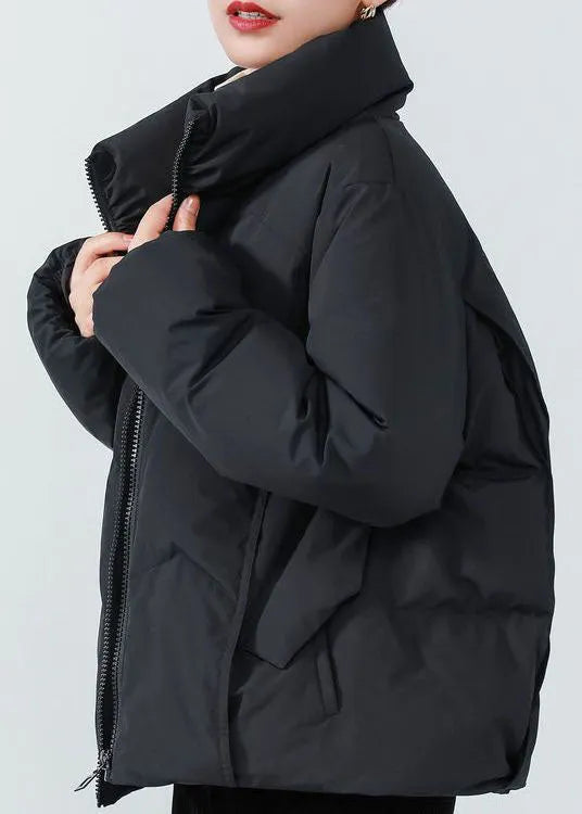 French Black Stand Collar Oversized Duck Down Winter Coats Long Sleeve