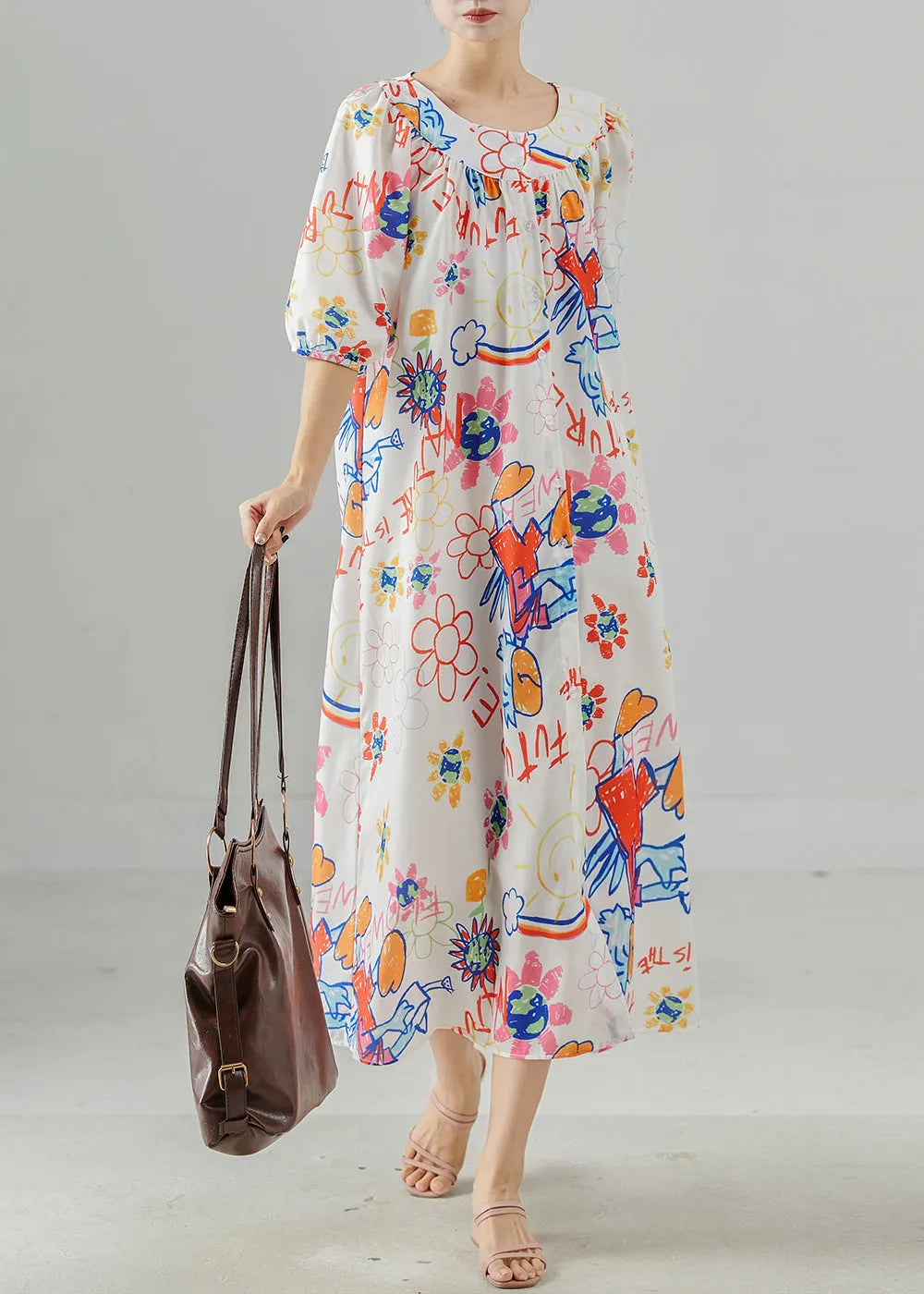 White Oversized Print Cotton Holiday Dress Summer