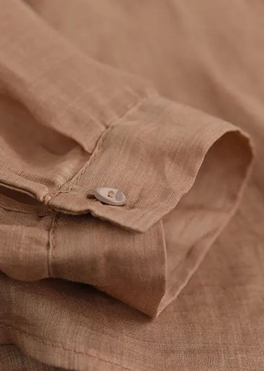 Classy Khaki Embroidered Ramie Top Long Sleeve
