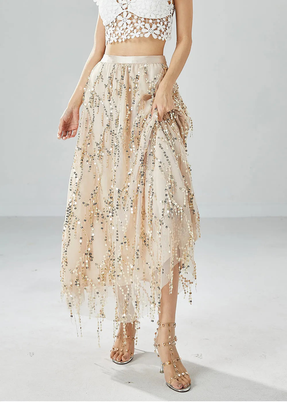 Modern Apricot Sequins Tassel Tulle Skirt Summer