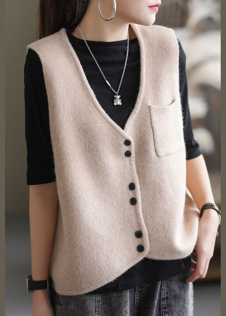 Simple Apricot V Neck Pockets Knit Tank Tops Sleeveless
