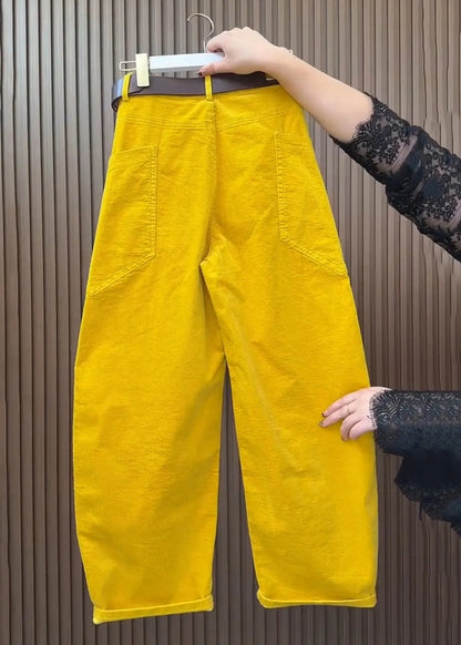 Yellow Pockets High Waist Corduroy Wide Leg Pants Fall