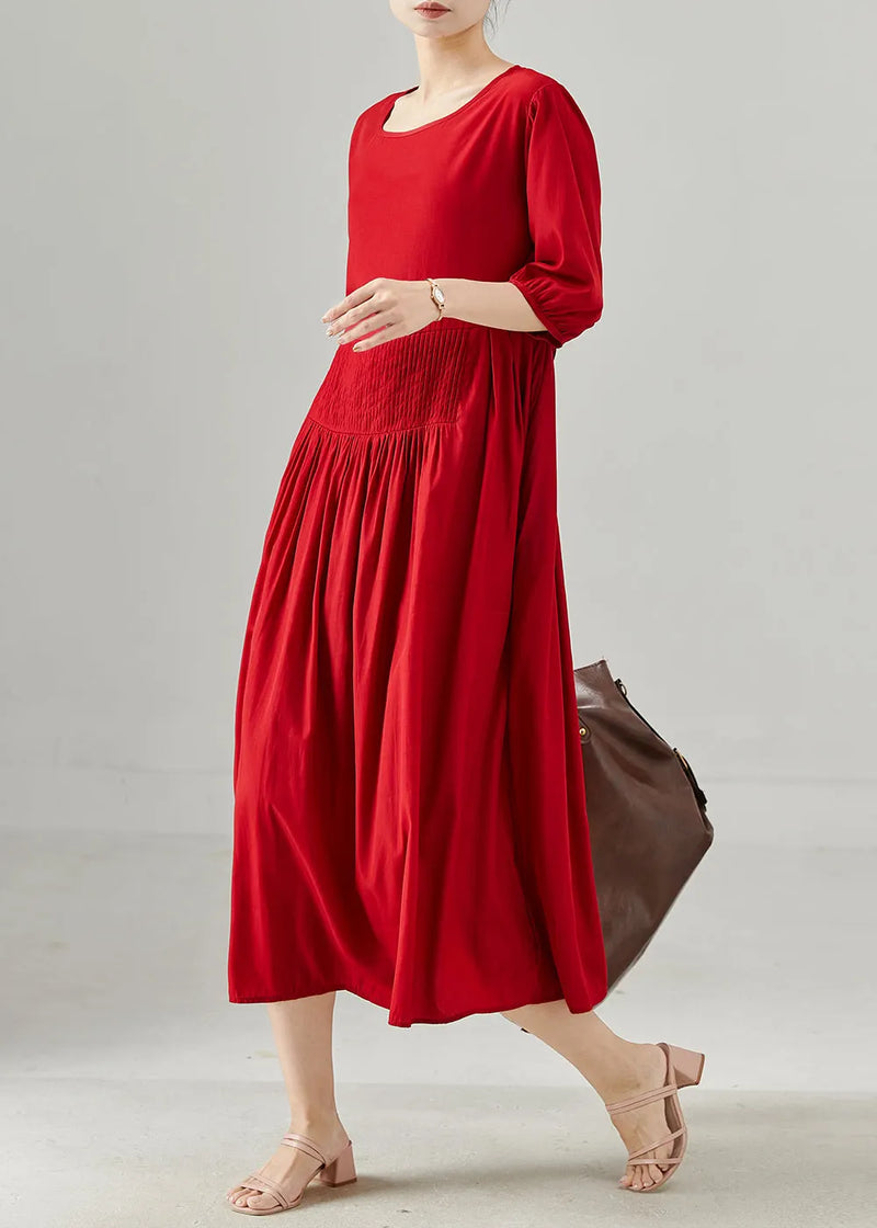 Red Oversized Wrinkled Cotton Dresses Half Sleeve