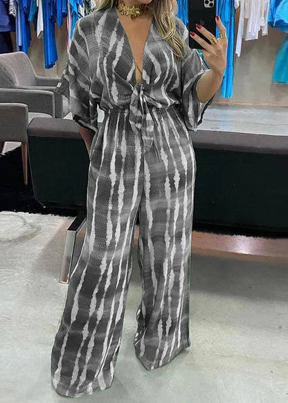 New Green V Neck Print Lace Up Cotton Jumpsuits Summer