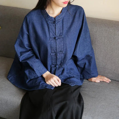 Denim Dark Blue Clothes for Stand Collar Chinese Button Tunic Blouse
