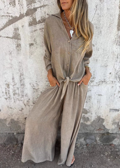 Loose Khaki Tops and Pants Cotton 2 Piece Outfit Fall