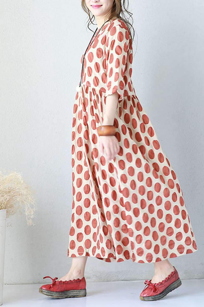 Red Big Points Cotton Summer Dresses for