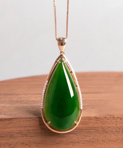 Simple Tea Green Sterling Silver 18k Inlaid Jade Pendant Necklace