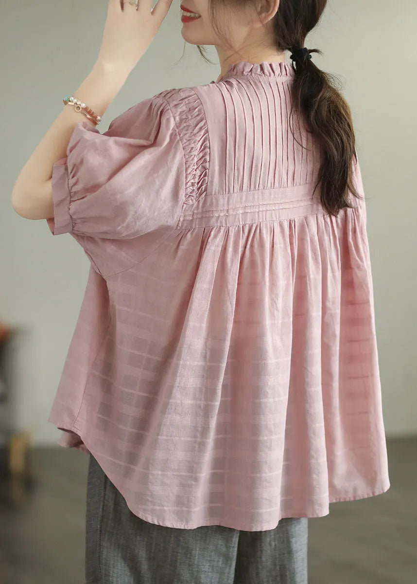 Handmade Pink Ruffled Button Patchwork Cotton Blouse Summer