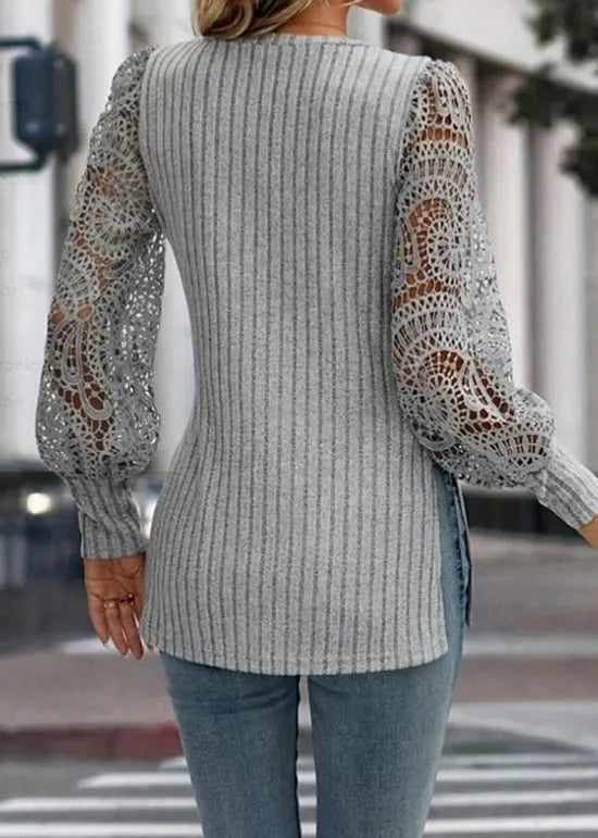 Grey V Neck Hollow Out Knit T Shirt Top Fall
