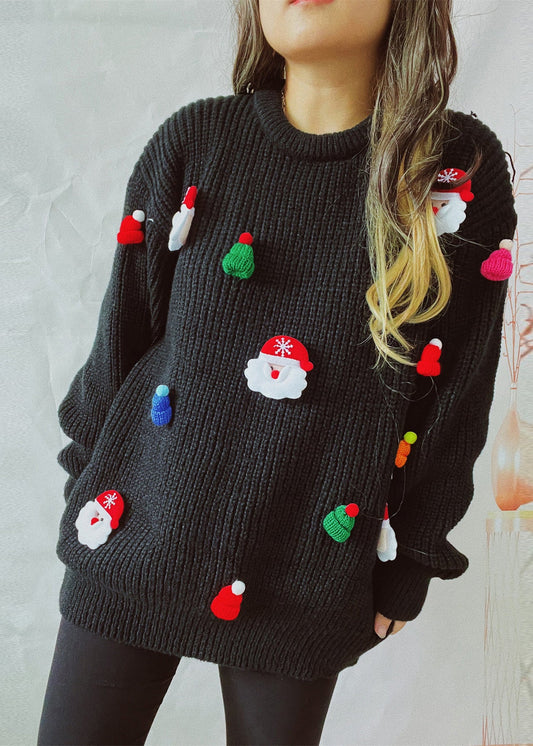 Black Thick Christmas Decorated Knit Sweater Winter