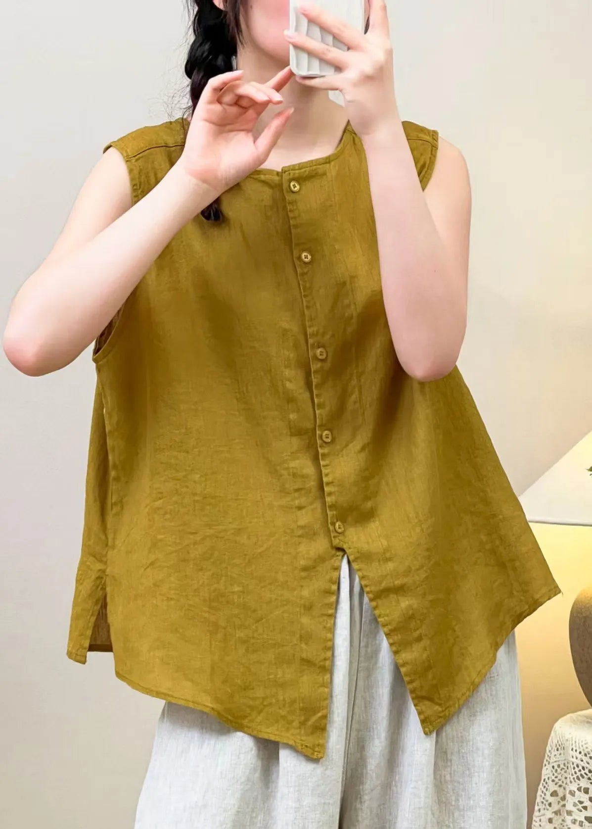 Yellow Wear on Both Sides Linen Blouses Summer
