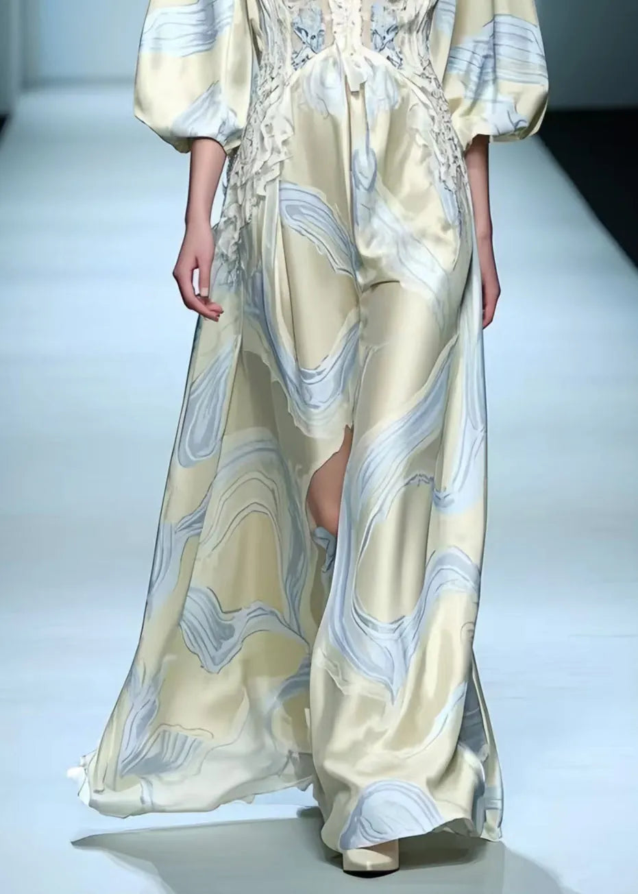 Apricot Print Draping Silk Maxi Dresses Lantern Sleeve