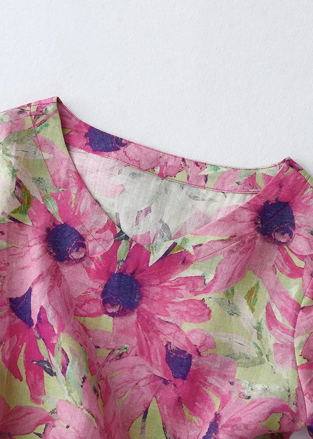 Pink Cinched Print Linen Vacation Dresses Summer