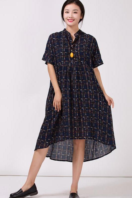 Stand Collar Cotton Colored Printed Dress