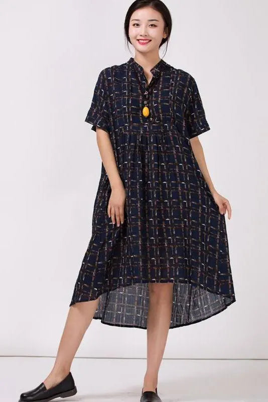 Stand Collar Cotton Colored Printed Dress