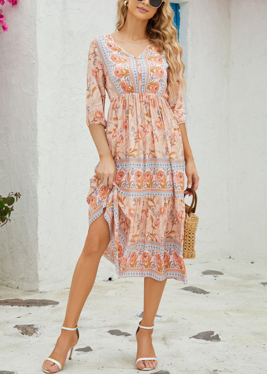Classy Blue V Neck Print Wrinkled Cotton Dresses Summer