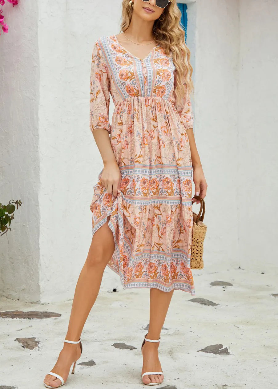 Classy Blue V Neck Print Wrinkled Cotton Dresses Summer