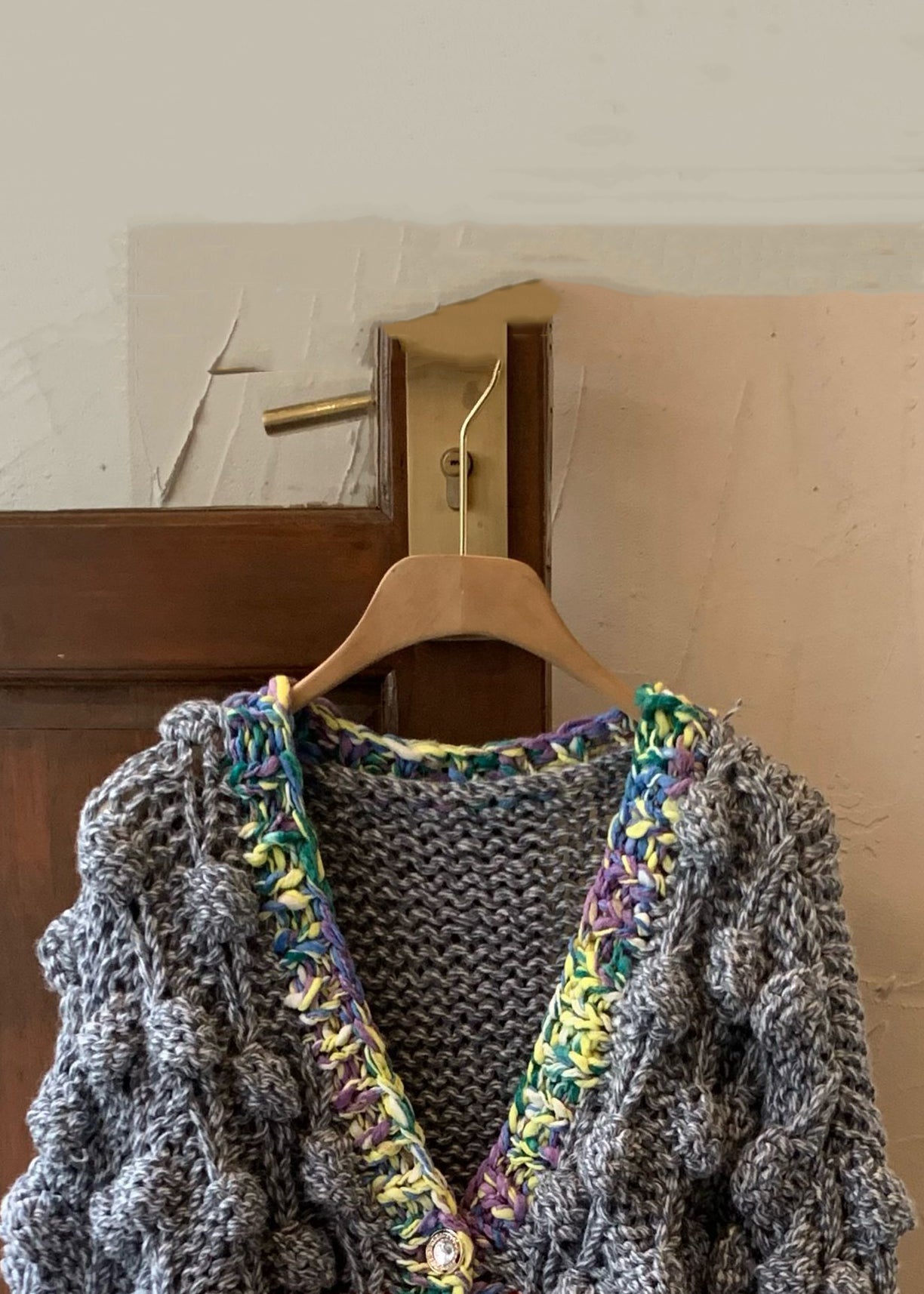 Grey V Neck Button Cotton Knit Coat Winter