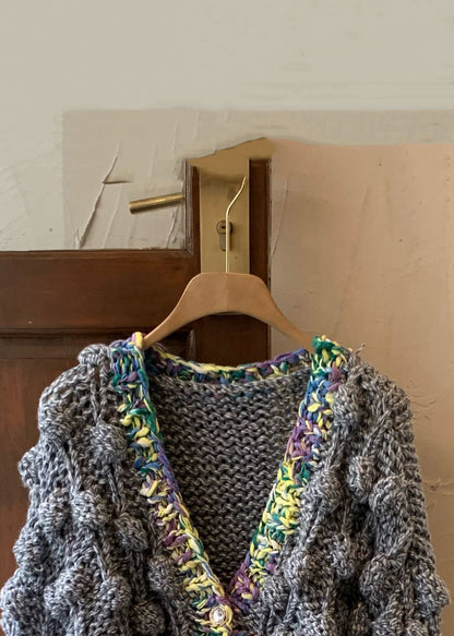 Grey V Neck Button Cotton Knit Coat Winter