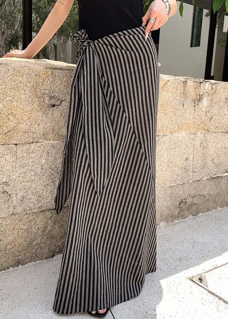 Art Striped Lace Up High Waist Cotton Skirt Summer