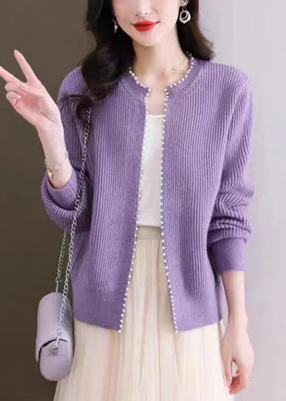 Purple Nail Bead Knit Fall Cardigan O Neck