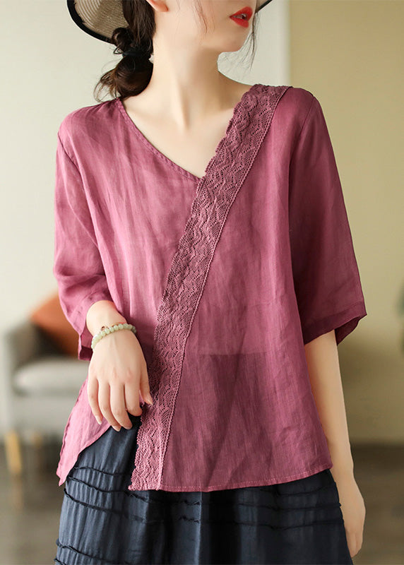 Brief Mulberry V Neck Embroidered Lace Patchwork Linen Top Short Sleeve