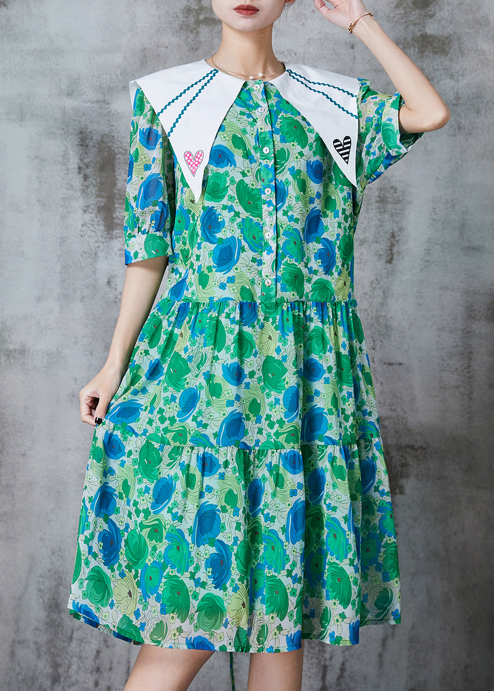 Green Peter Pan Collar Print Chiffon a Line Dress Summer