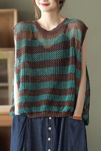 Hollow Out Stripes O Neck Sleeveless Vest Top