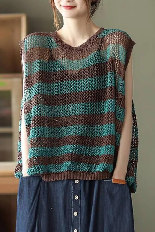 Hollow Out Stripes O Neck Sleeveless Vest Top