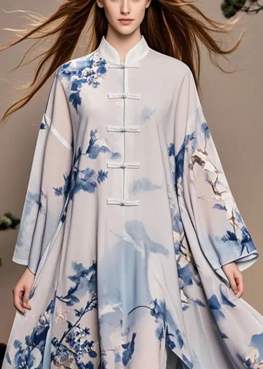 White Print Chinese Button Side Open Chiffon Oriental Dress Fall