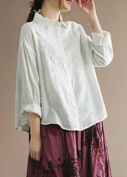 Organic Yellow Peter Pan Collar Embroidered Button Linen Shirts Long Sleeve