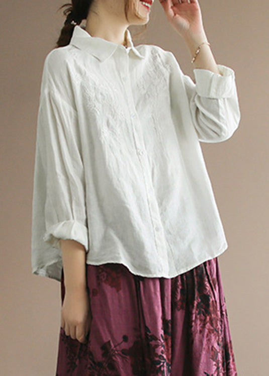 Organic Yellow Peter Pan Collar Embroidered Button Linen Shirts Long Sleeve
