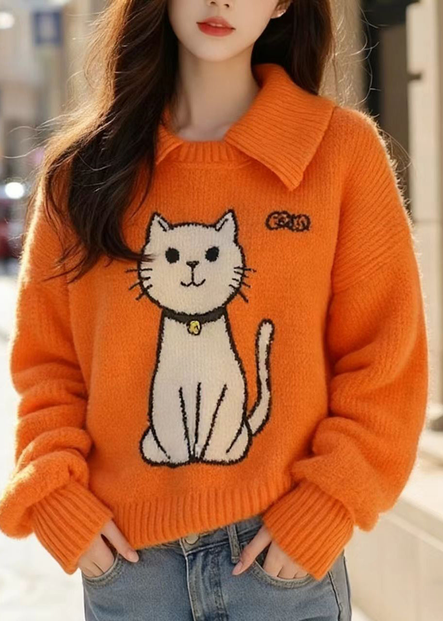 Orange Peter Pan Collar Cats Knitted Sweater Tops Fall
