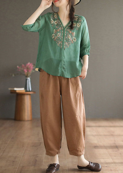 Green Linen Blouses V Neck Embroidered Oversized Half Sleeve