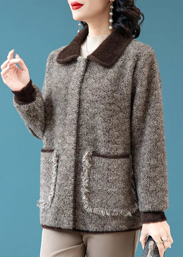 Coffee Button Pockets Mink Hair Knitted Winter Trench Peter Pan Collar