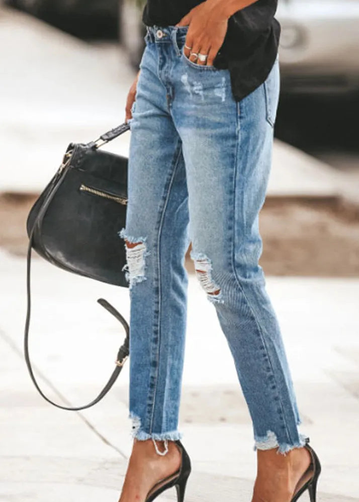 Blue Pockets Ripped Denim Pants Summer