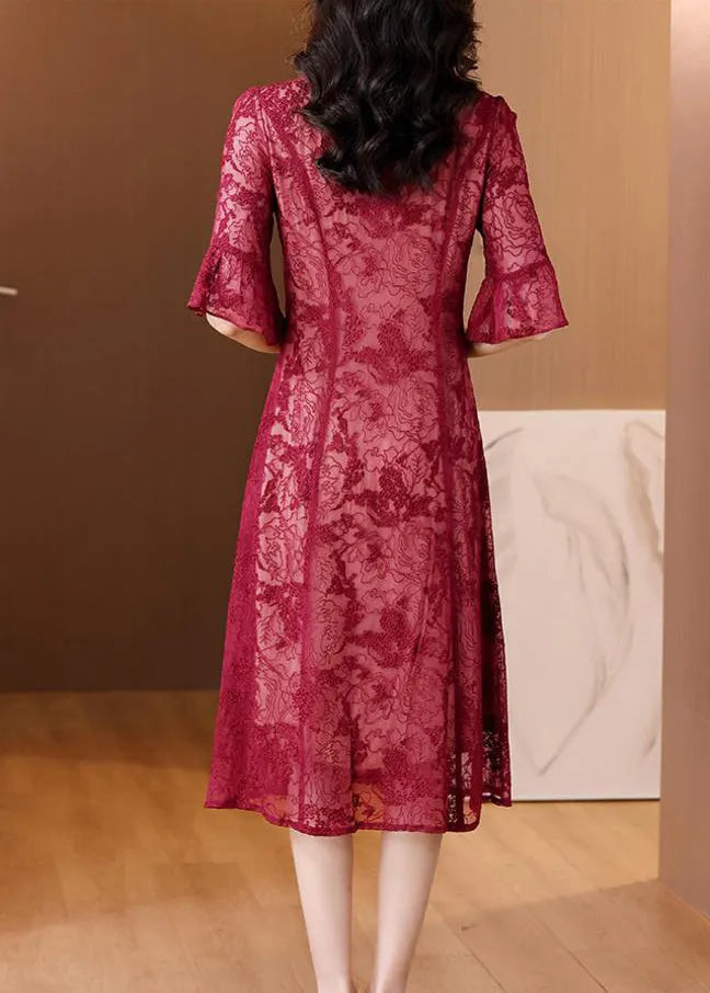 Red V Neck Embroidered Silk Dress Flare Sleeve