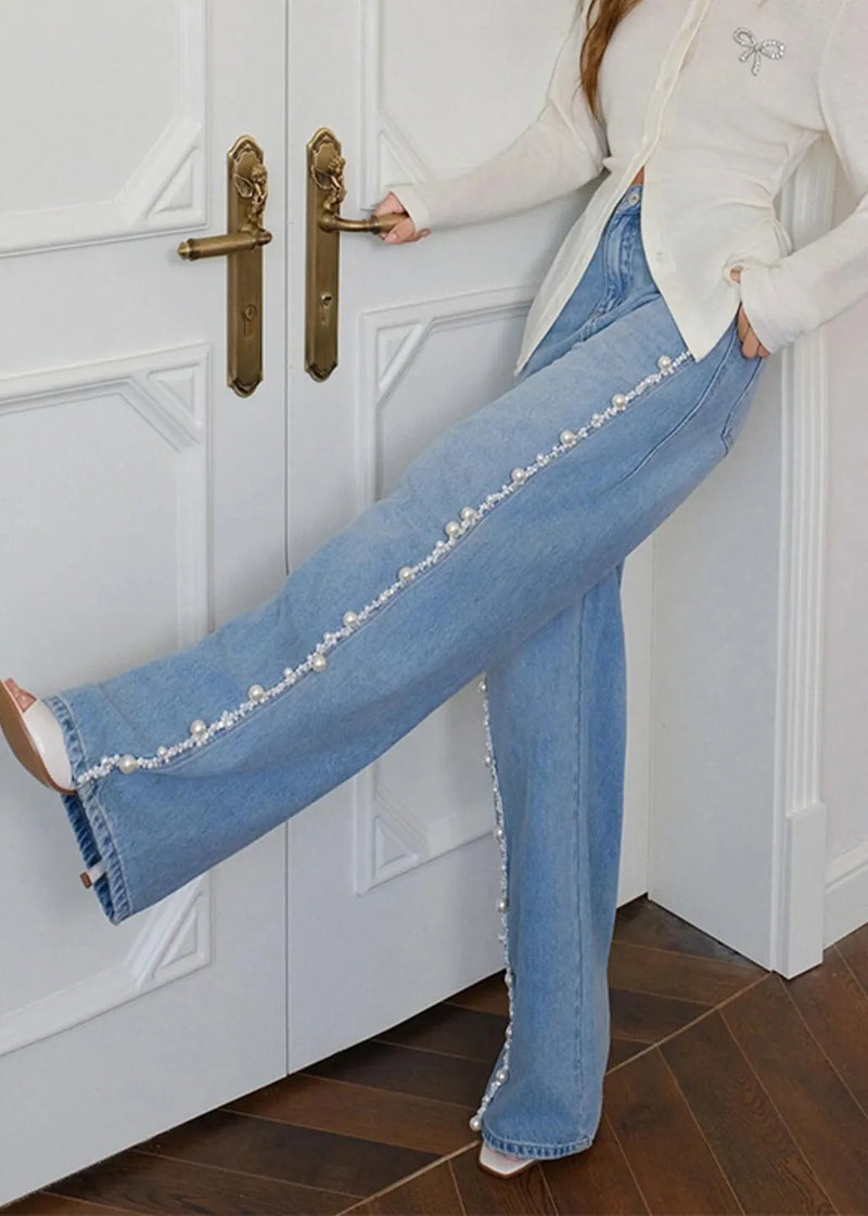 Blue Nail Bead Denim Wide Leg Pants Spring