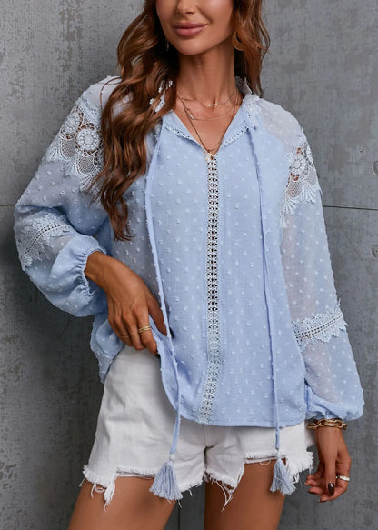 Unique Blue Hollow Out Lace Patchwork Chiffon Shirt Top Spring